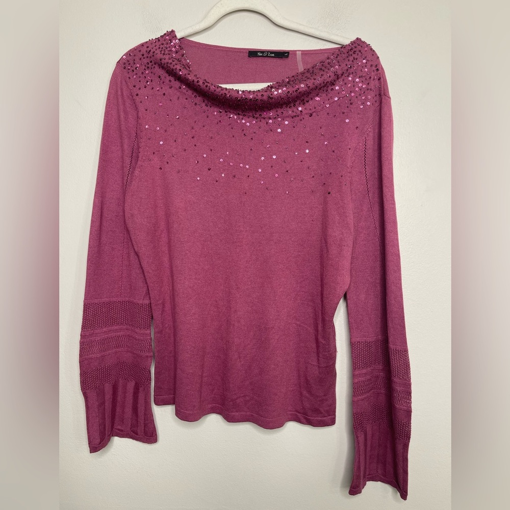 Nic + Zoe Berry Pointelle Knit Sequined Cowl neck Silk Tencel Sweater Sz L Glam